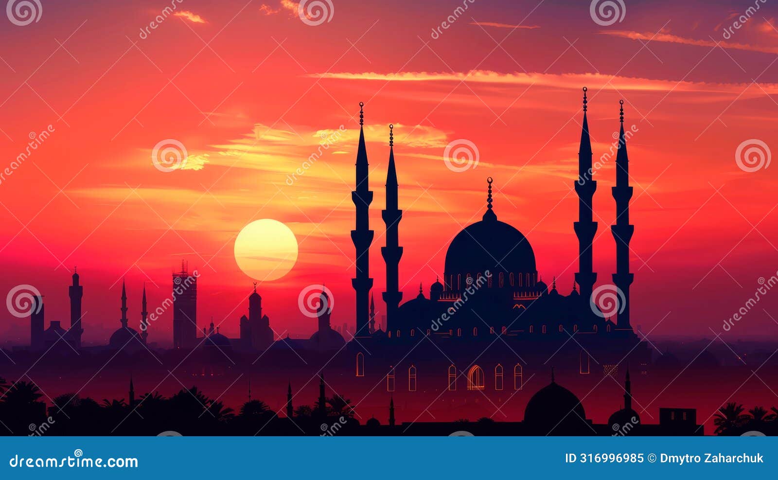 mosque at sunset, with minarets and domes adorned with eid decorations.