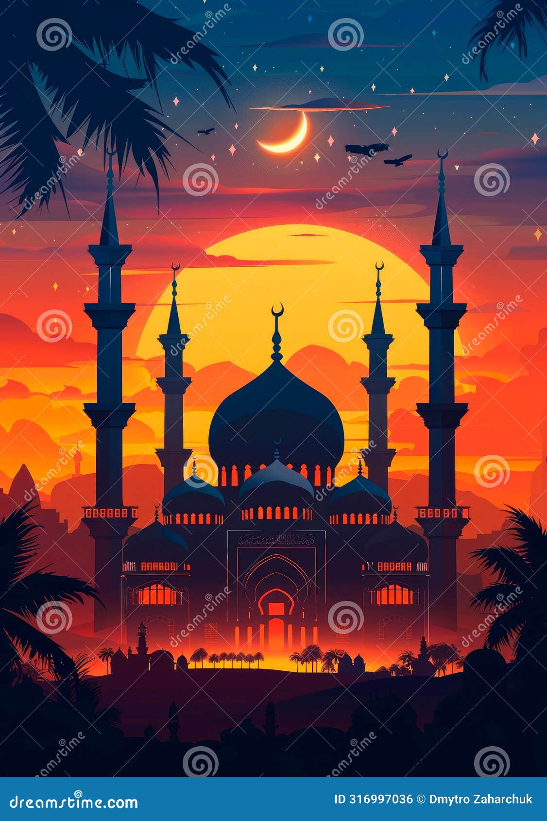 mosque at sunset, with minarets and domes adorned with eid decorations.