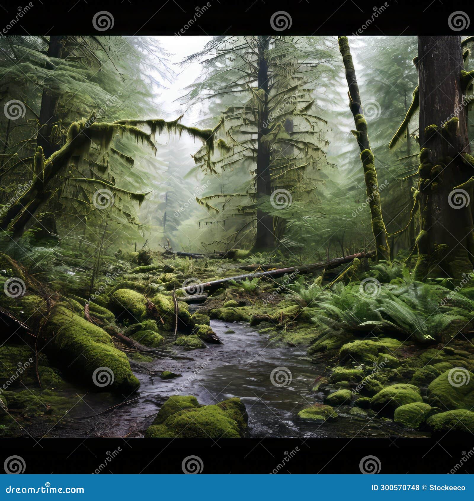 enchanting moss: a dark and moody rainforest stream digital wallpaper