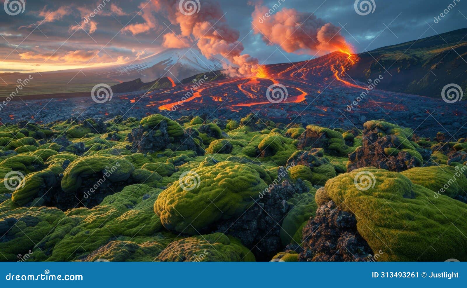 mosscovered boulders dot the landscape as a distant volcano spews molten lava into the air. the contrast between the