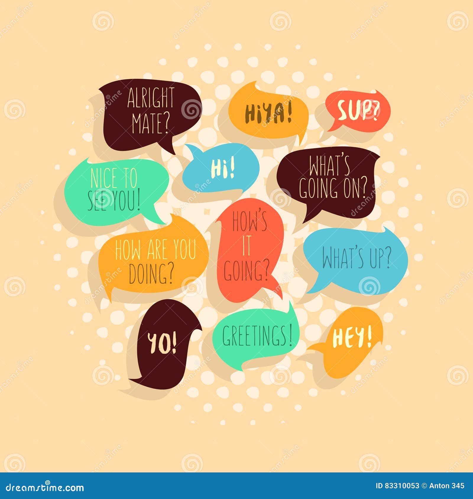 Most Common Used Typical Hello Phrases on Speech Flat Style Bubbles