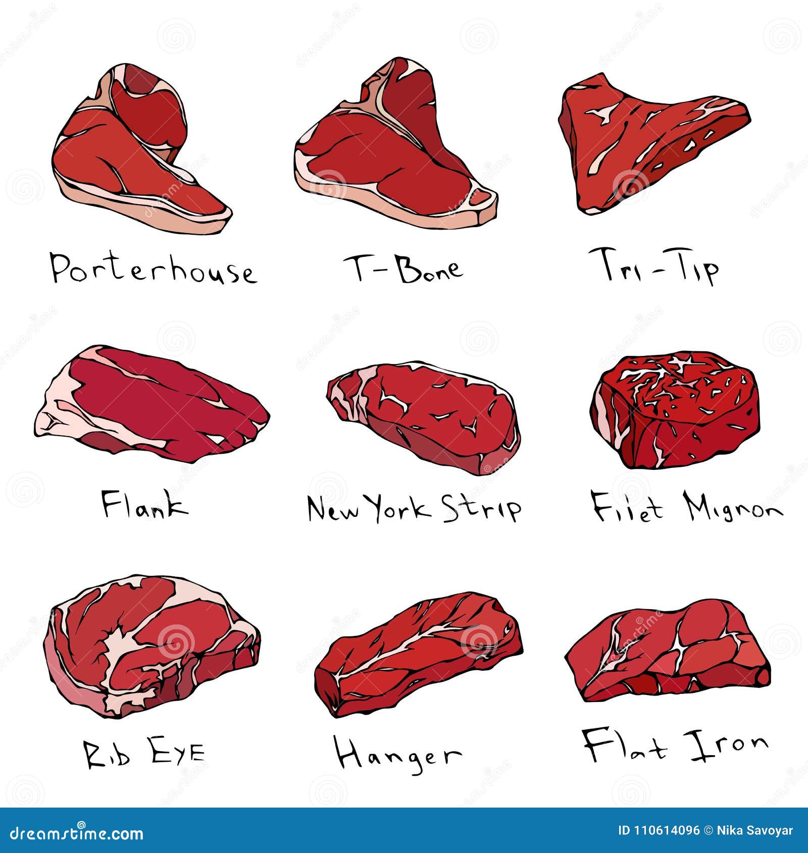Most Popular Steak Types Set. Beef Cuts. Top Meat Guide for 