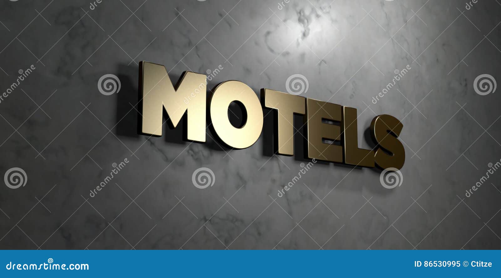 motels - gold sign mounted on glossy marble wall - 3d rendered royalty free stock 