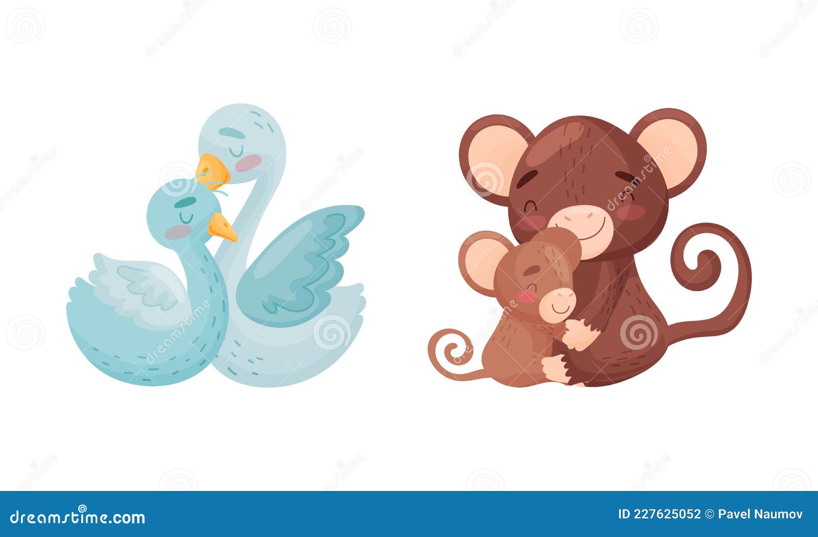 Mother and Baby Animals Set. Swan and Monkey Moms Hugging Their Kids Cartoon  Vector Illustration Stock Vector - Illustration of child, wildlife:  227625052