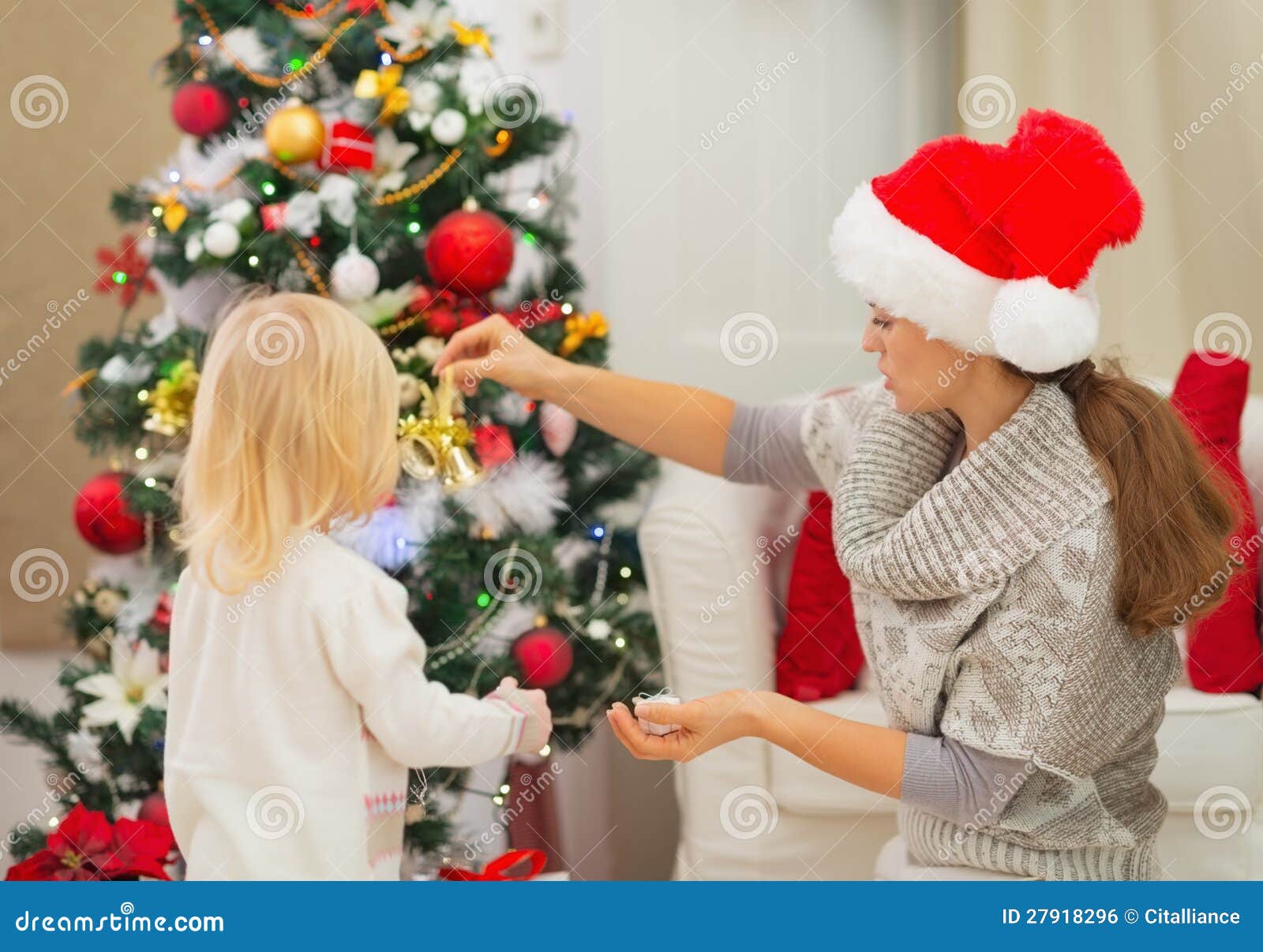 Mother and Baby Decorating Christmas Tree Stock Photo Image of baby