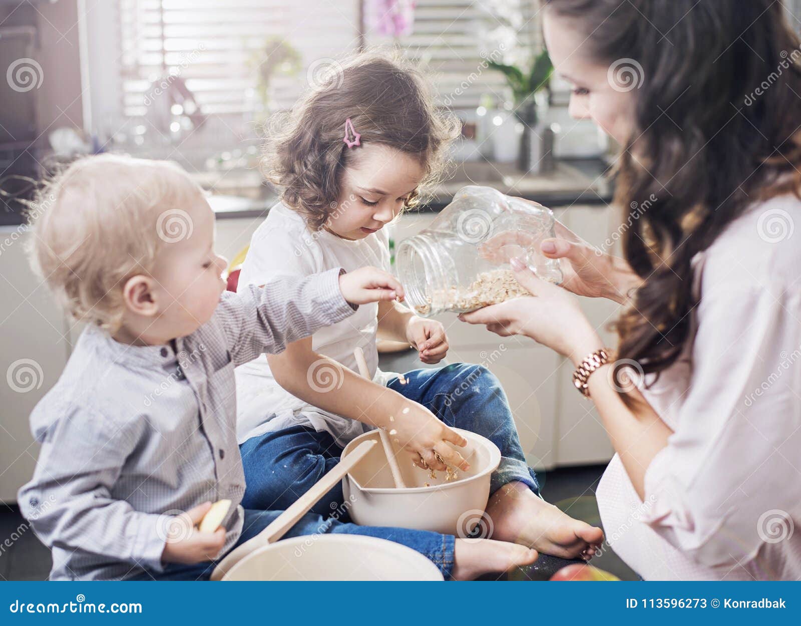 Mother Baking a Cake with Her Children Stock Image Image of honey