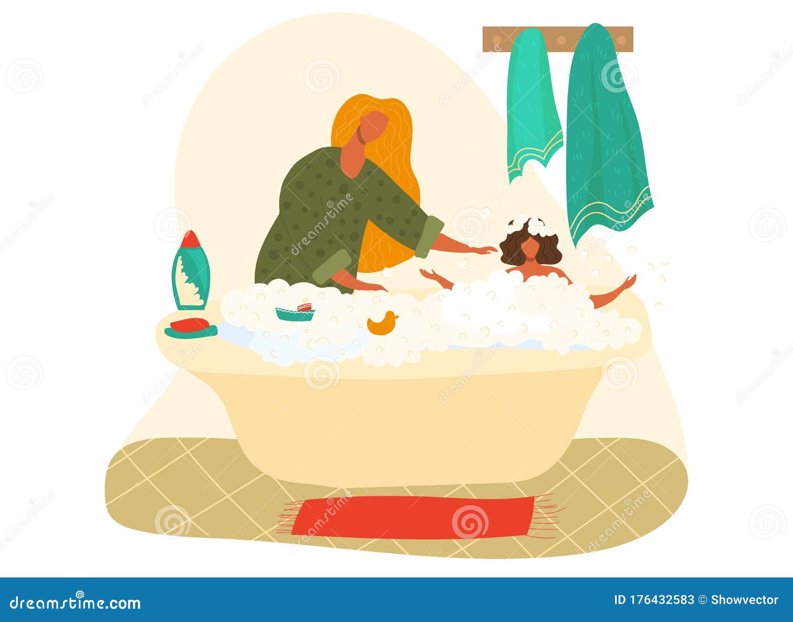 mother bathing baby girl in foam, shampoo bathroom higiene cartoon    on white.