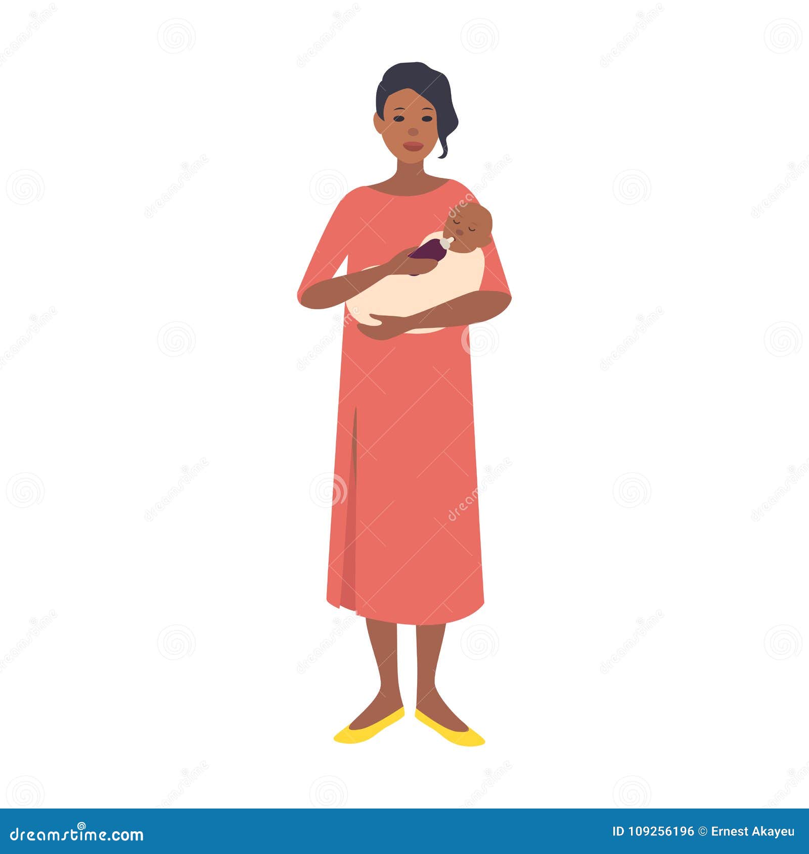 mother bottle feeding baby. young woman wearing long pink dress holding infant or newborn child. cute flat female
