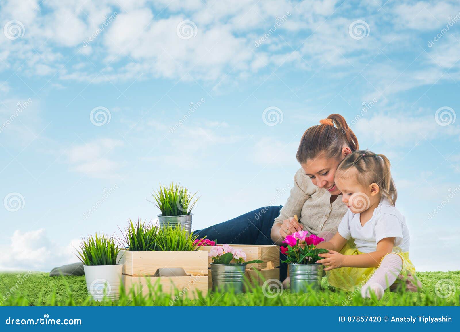 Mother and Child Work in Garden Stock Photo Image of flower, life