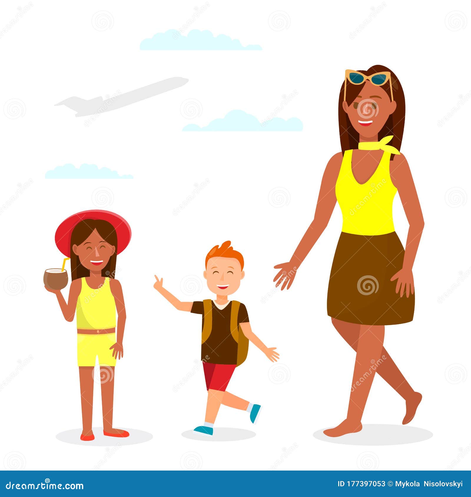 Mother with Children on Holiday Cartoon Characters Stock Vector -  Illustration of cocktail, cloud: 177397053
