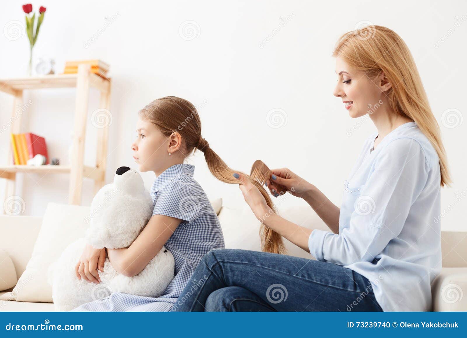 Mother Combing Hair of Daughter Stock Photo - Image of little, child:  73239740