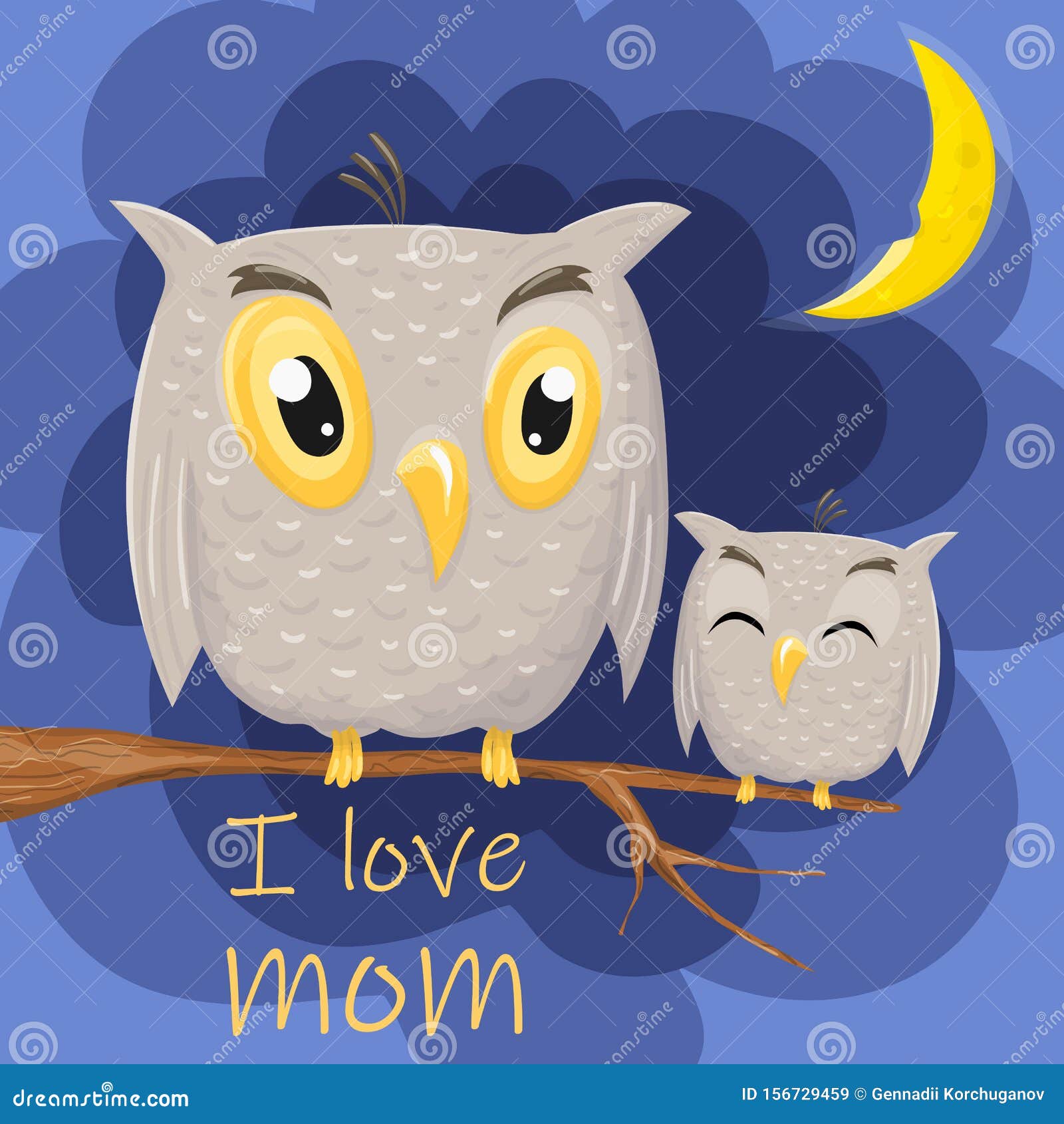 Download Mother And Cute Baby Owl Are Sitting On A Tree Branch. Stock Vector - Illustration of bairn ...
