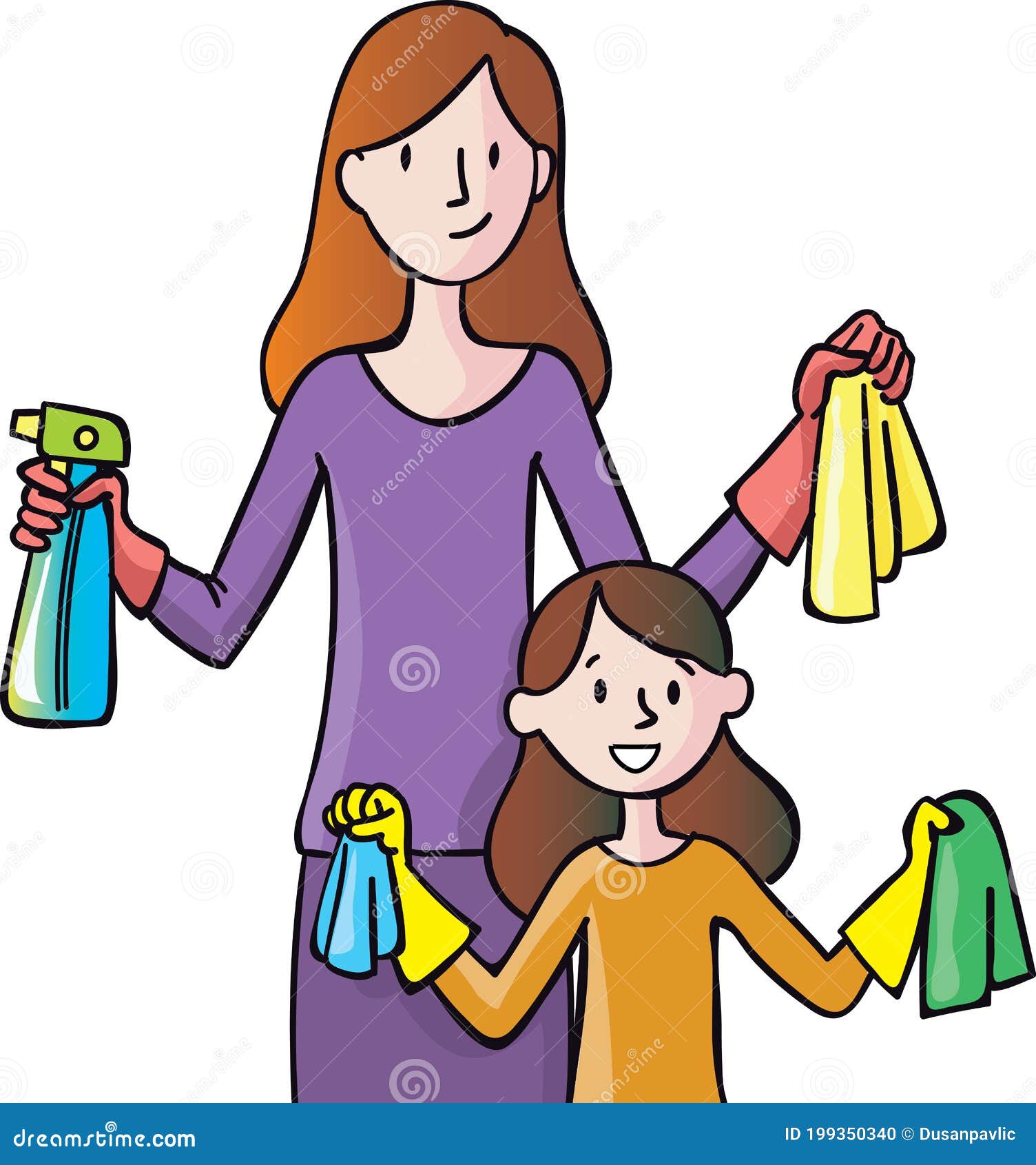 Mother and Daughter in the Action of Cleaning the House Stock Vector