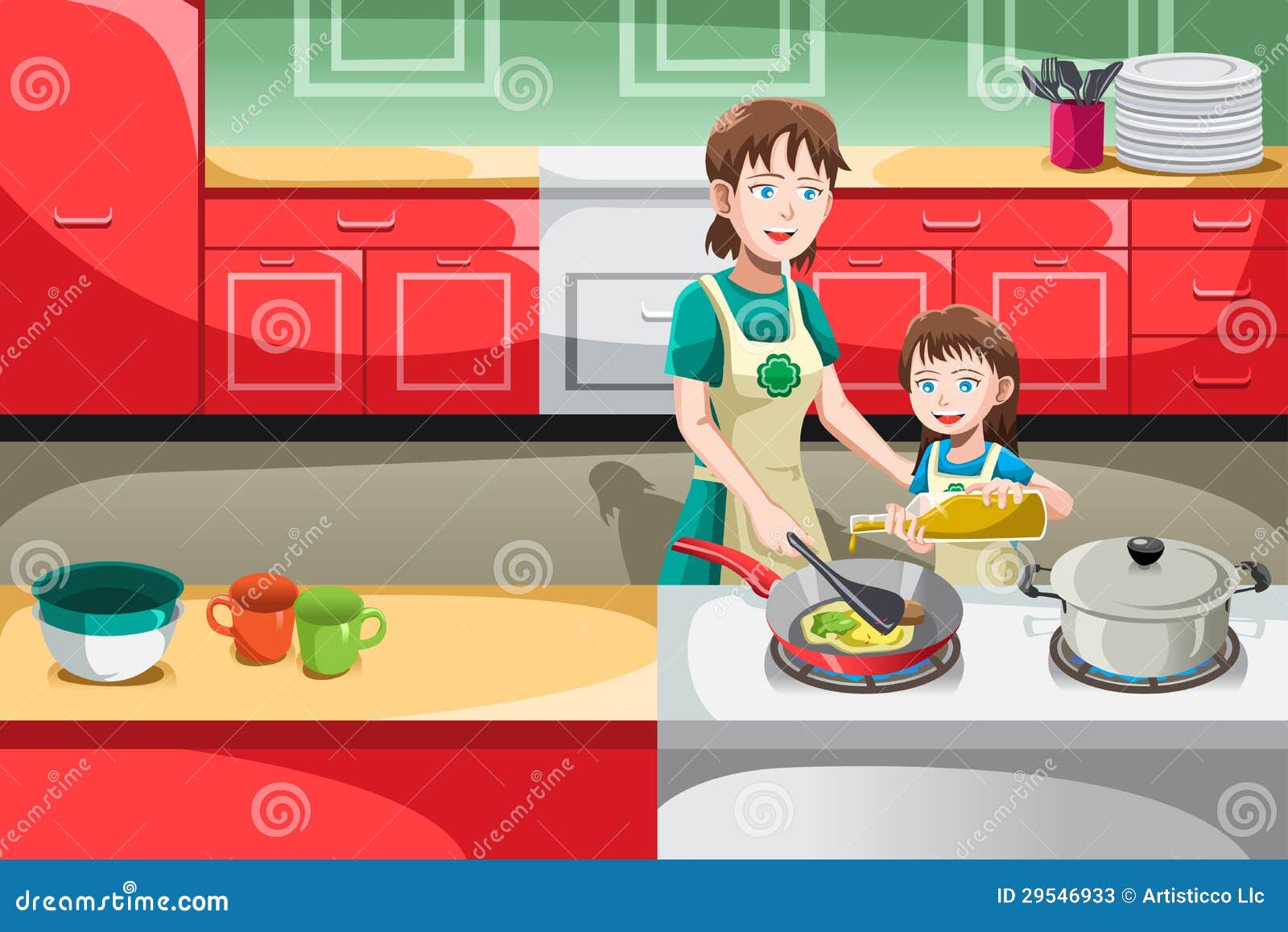 Mom daughter on kitchen. Mother cooking, girl - Stock Illustration  [77237561] - PIXTA