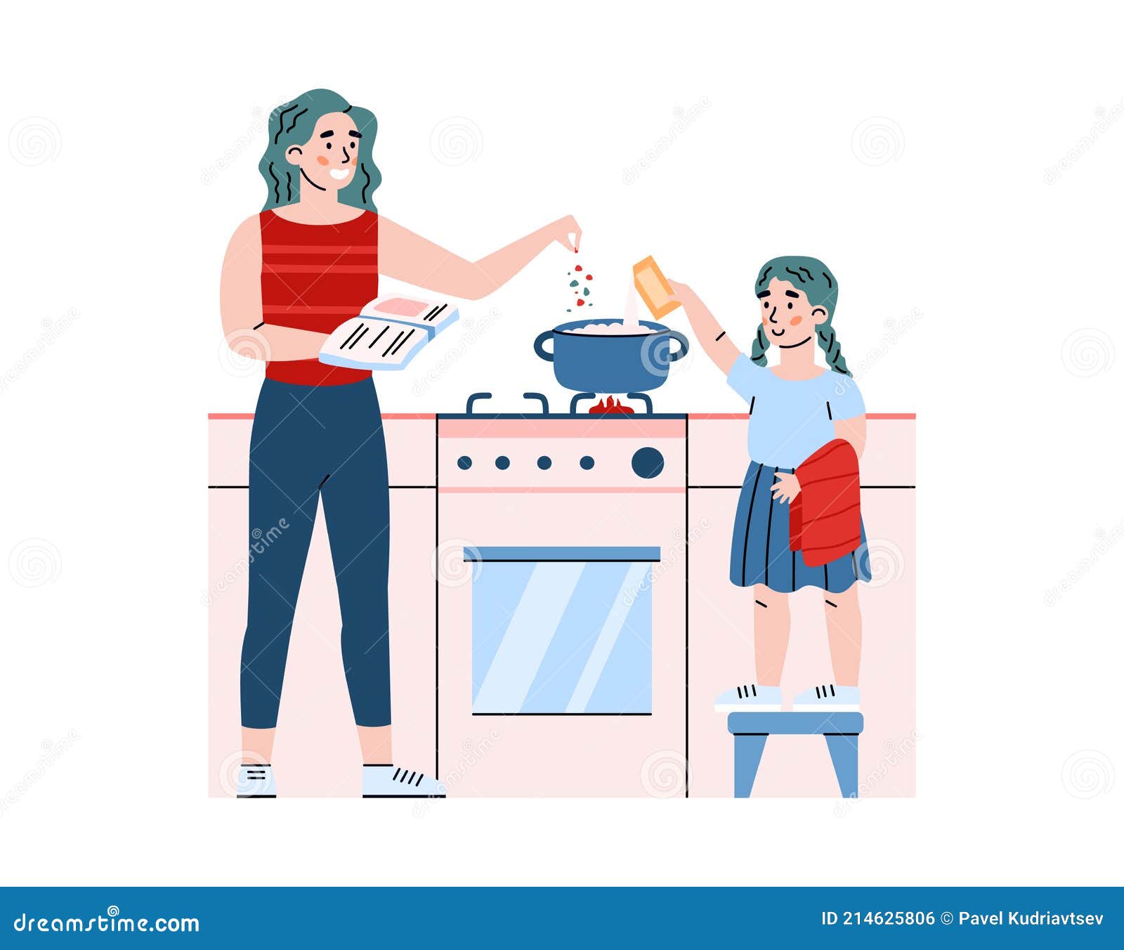 Mom daughter on kitchen. Mother cooking, girl - Stock Illustration  [77237561] - PIXTA