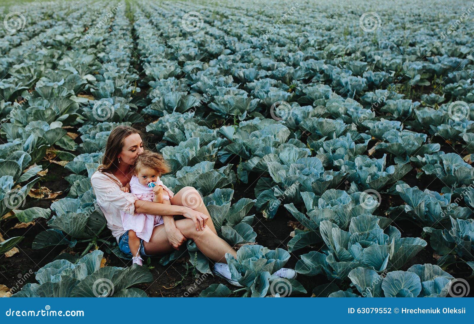 Mother and Daughter on the Field with Cabbage Stock Photo Image of