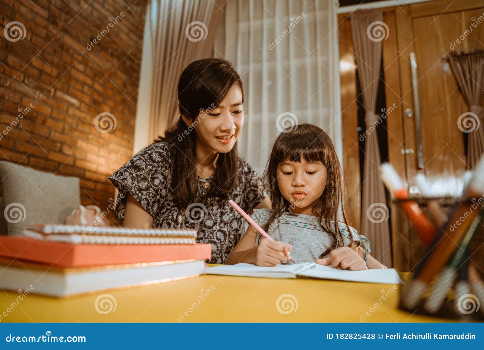 mother and daughter home schooling studying together