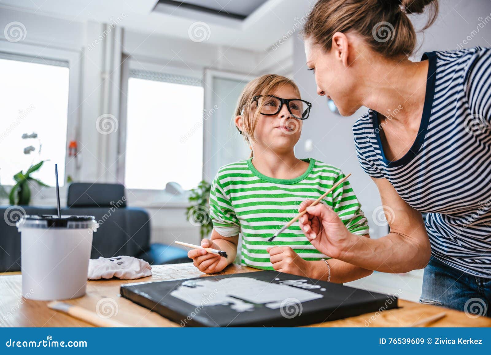 Mother And Daughter Painting Canvas Stock Image - Image of girl