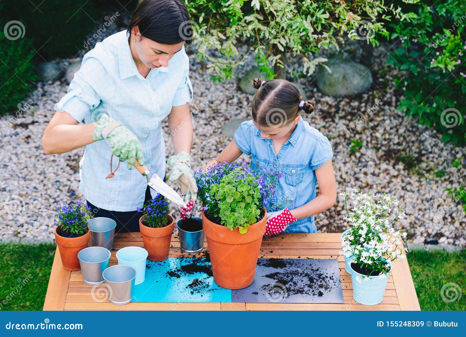 mother and daughter planting flowers in pots in the garden - concept of working together, closeness