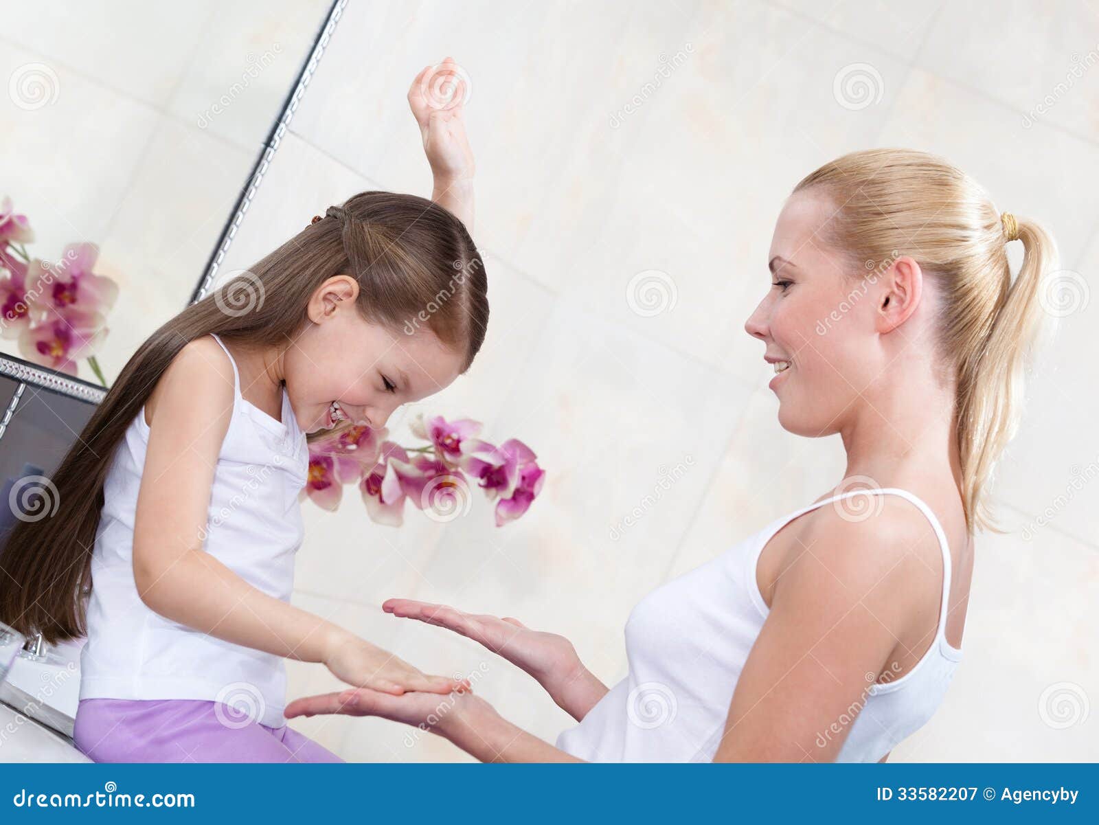 Mother and Daughter Play in Bathroom Stock Image Image of blonde