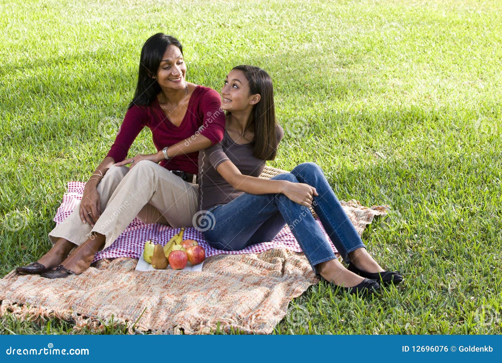 Mother and Daughter Sitting on Picnic Blanket Stock Photo Image of