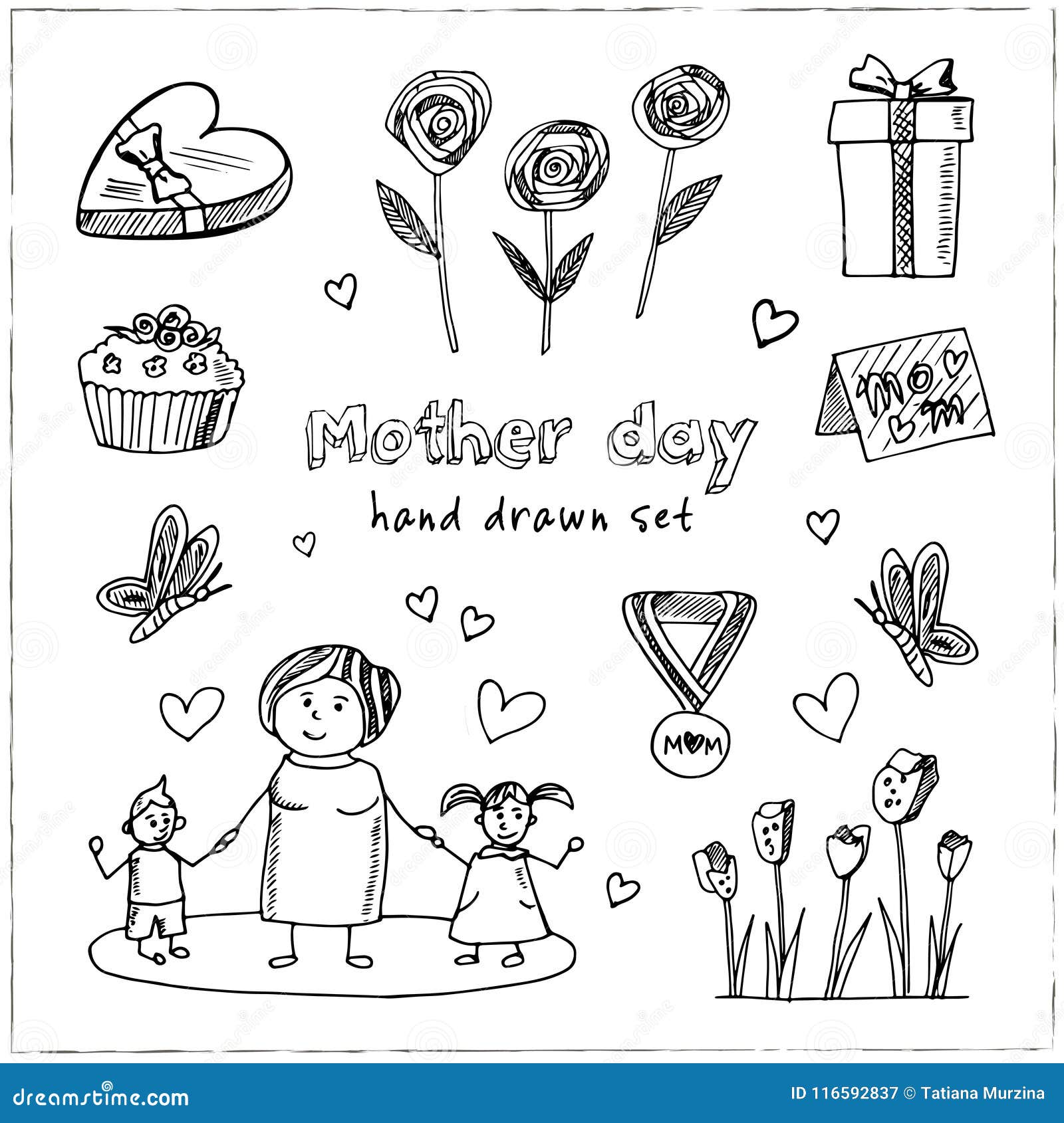 Mother Day Hand Drawn Doodle Set. Sketches. Vector Illustration for ...