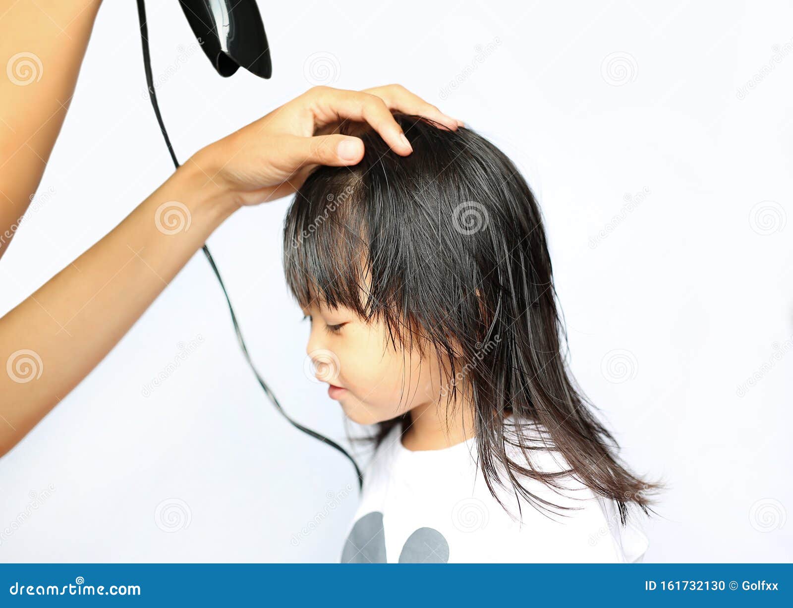 Mother Drying Hair of Her Child Girl on White Background Stock Photo -  Image of happy, hairdryer: 161732130