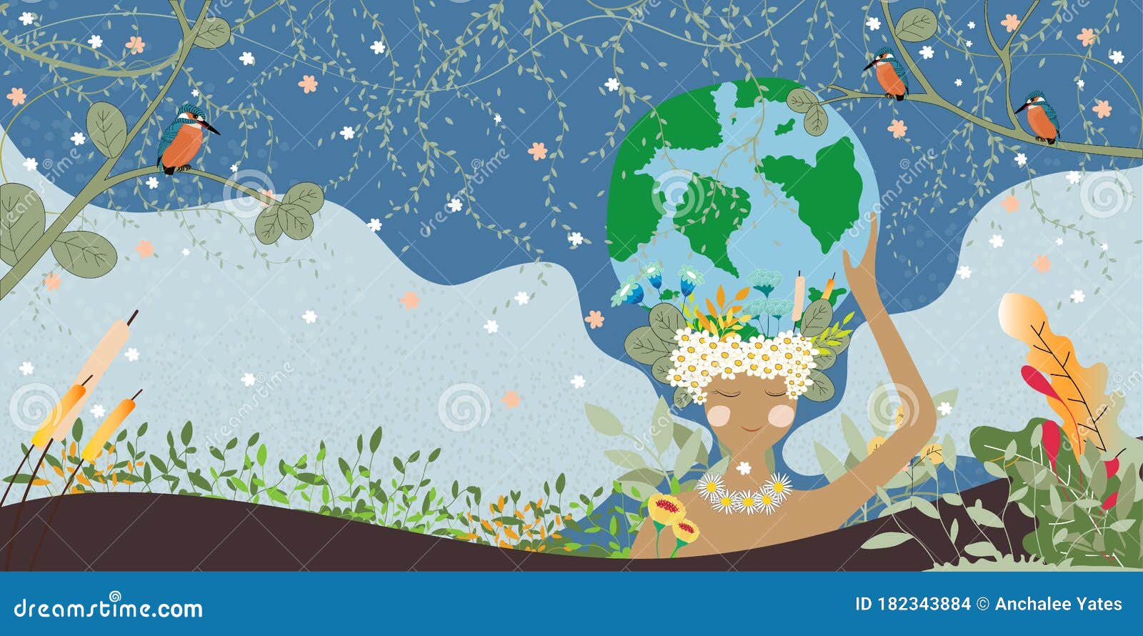 Mother earth day poster with hand holding planet,Nature fo woman. Cute cartoon Vector Girl with wild natural forest and globe,