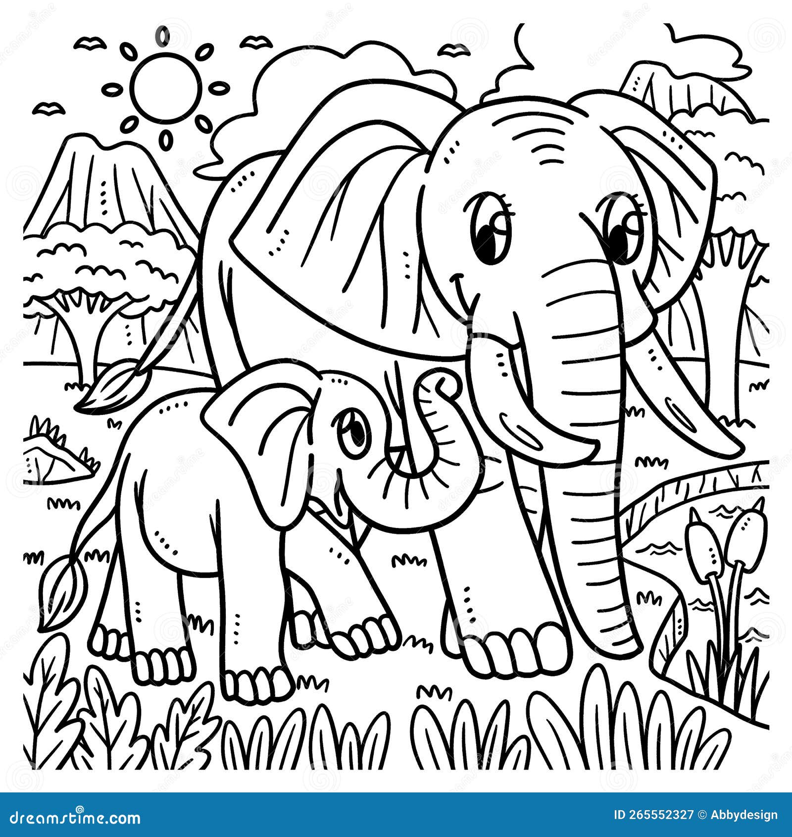 Mother Elephant and Baby Elephant Coloring Page Stock Vector