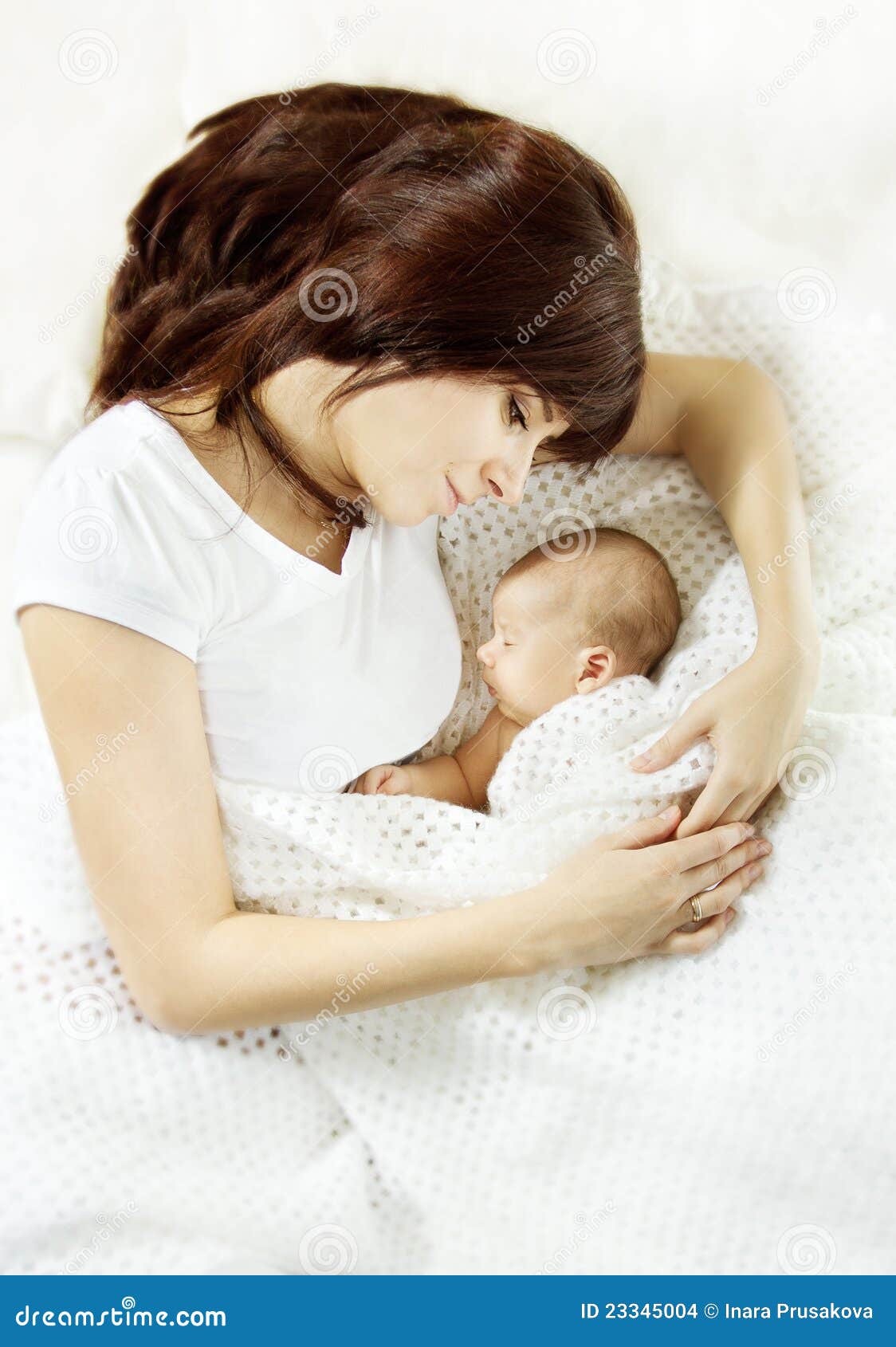 Mother Embracing Sleeping Newborn Baby Stock Photo Image of bedtime
