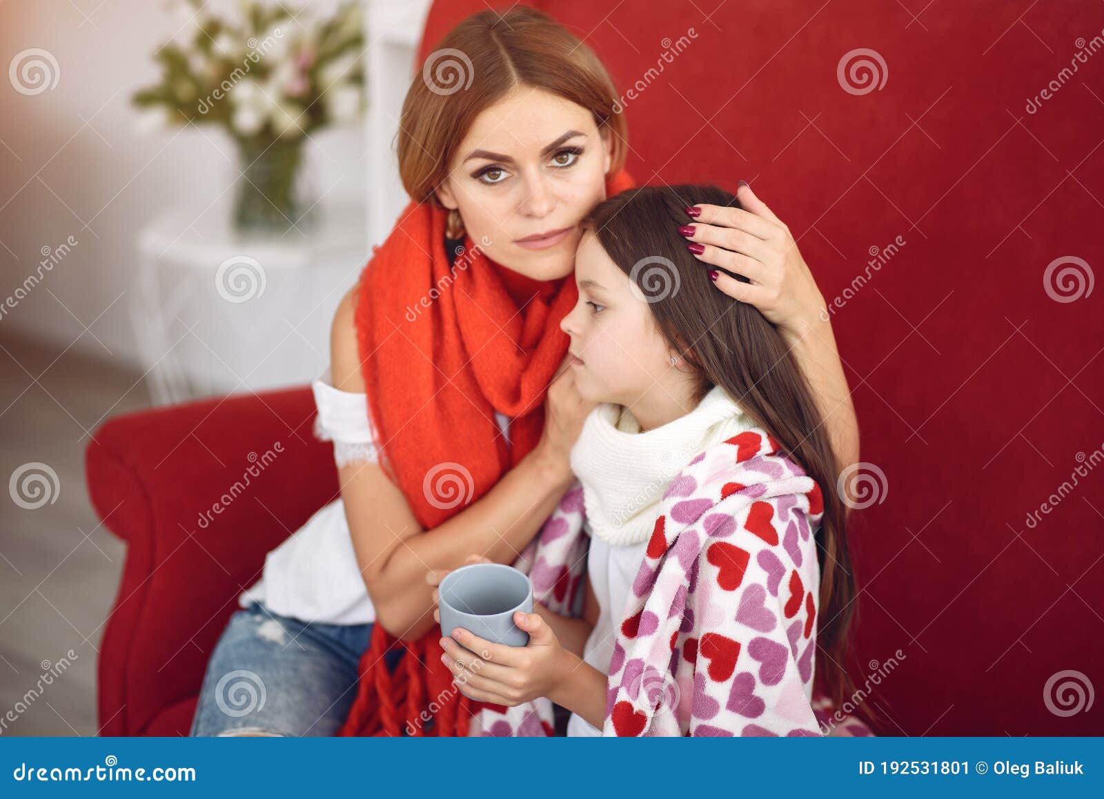 Mother Gives Her Sick Daughter Hot Tea Stock Image Image Of Human Indoors 192531801