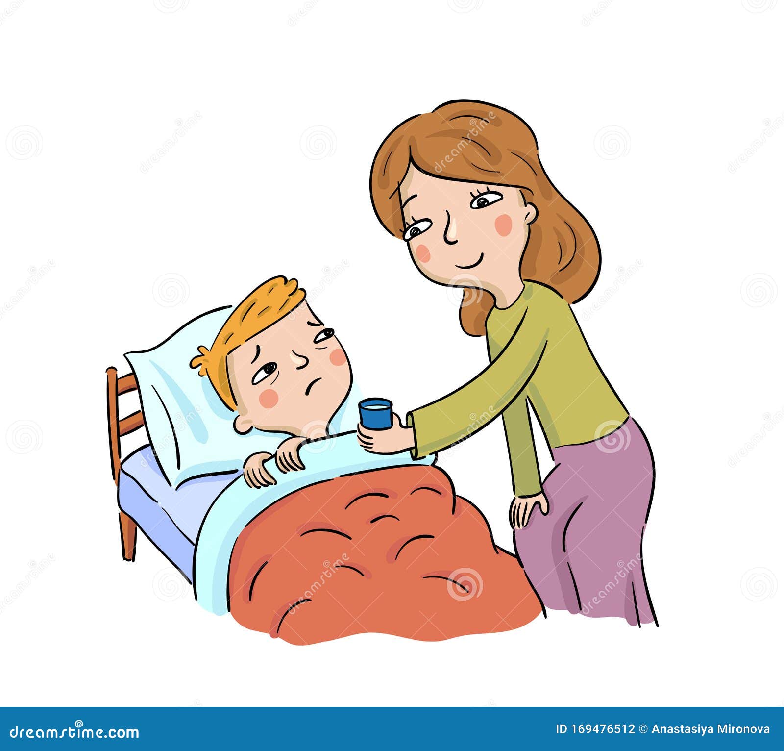 Mother Gives Medicine To Her Sick Son Stock Vector Illustration Of 