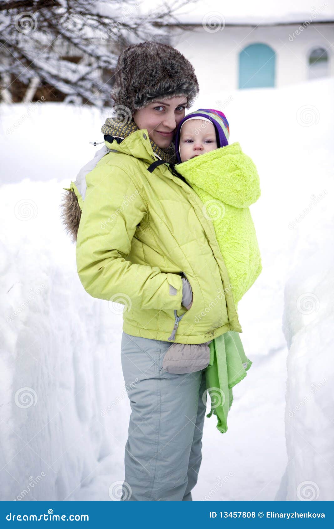 A Mother and Her Baby Walking in Winter Stock Photo Image of close
