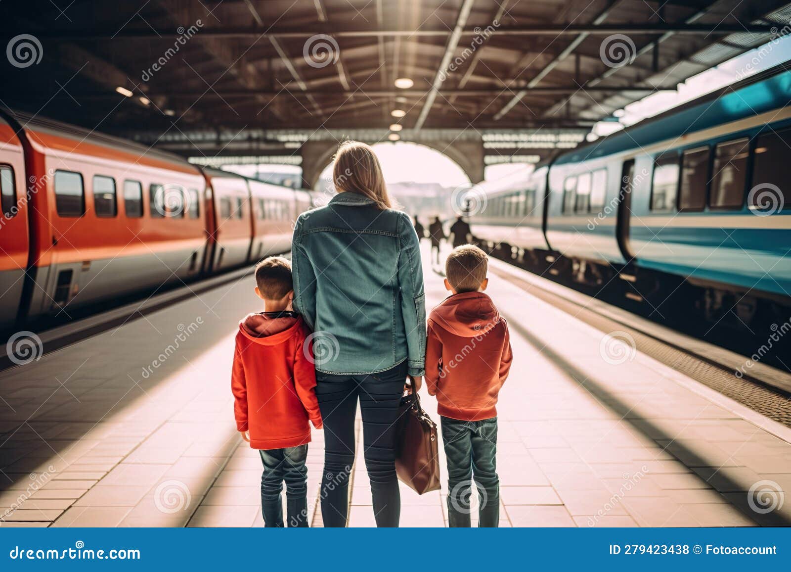 mother and her boys longingly await fathers arrival at the station surrounded by waiting and arriving trains - generative ai