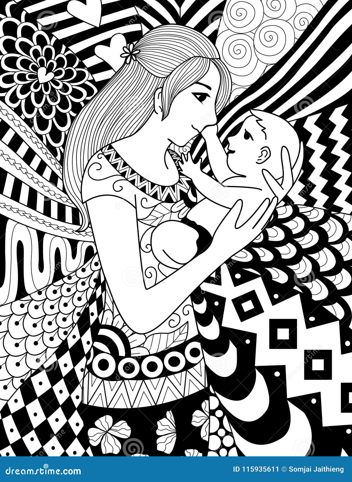 Mother Holding Her Baby Clean Line Doodle Art Design For Coloring