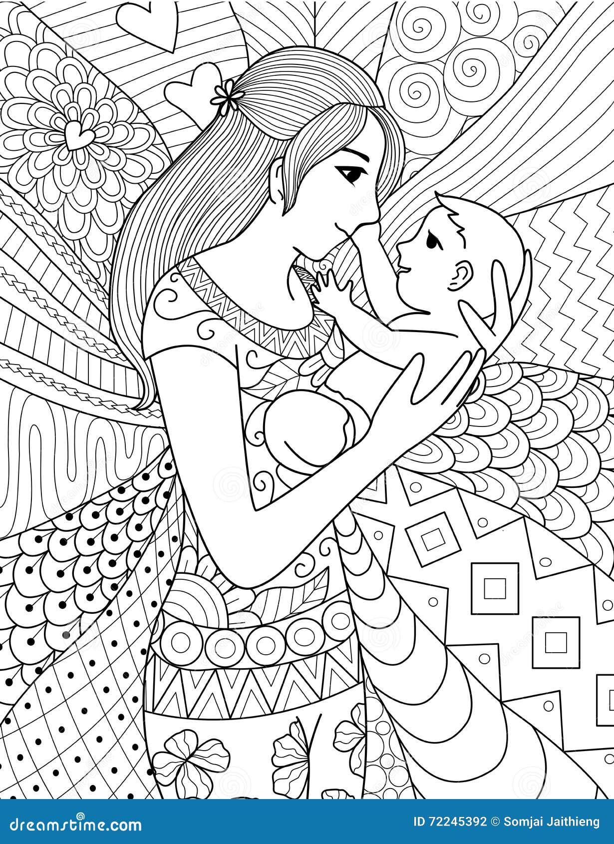 Mother Holding Her Baby Clean Line Doodle Art Design Stock Vector