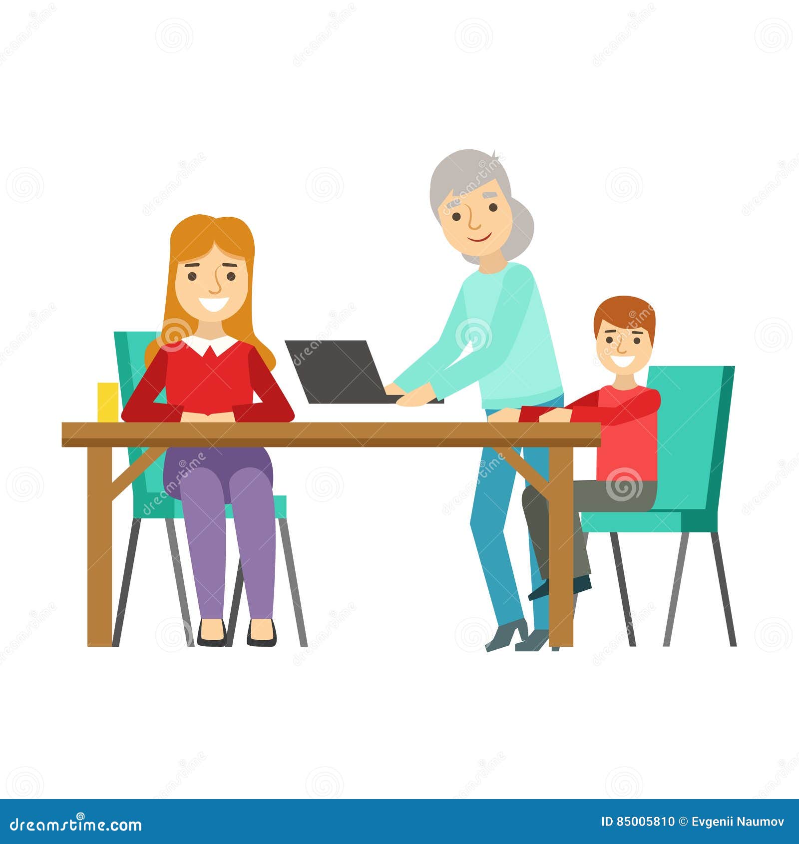 Mother, Kid And Grandma Using Computer, Happy Family Having Good Time Together Illustration. Household Members Enjoying Spending Time Together Vector Cartoon Drawing.