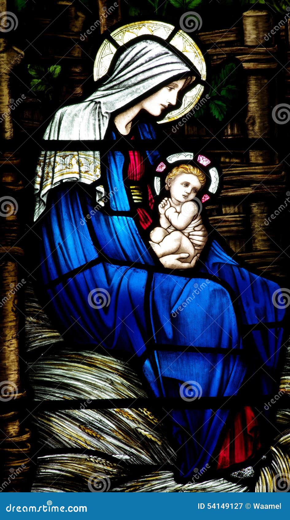 mother mary with baby jesus (nativity) in stained glass