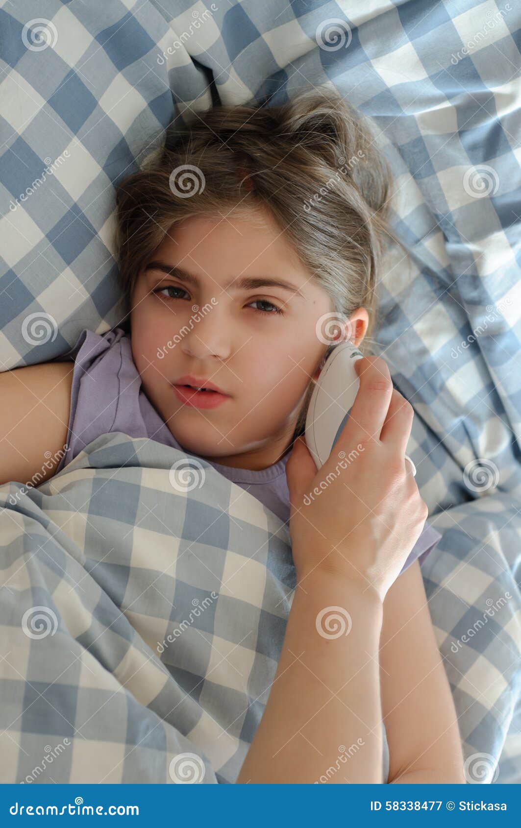 Mother Measuring Fever of Ill Daughter Stock Image - Image of sheets ...