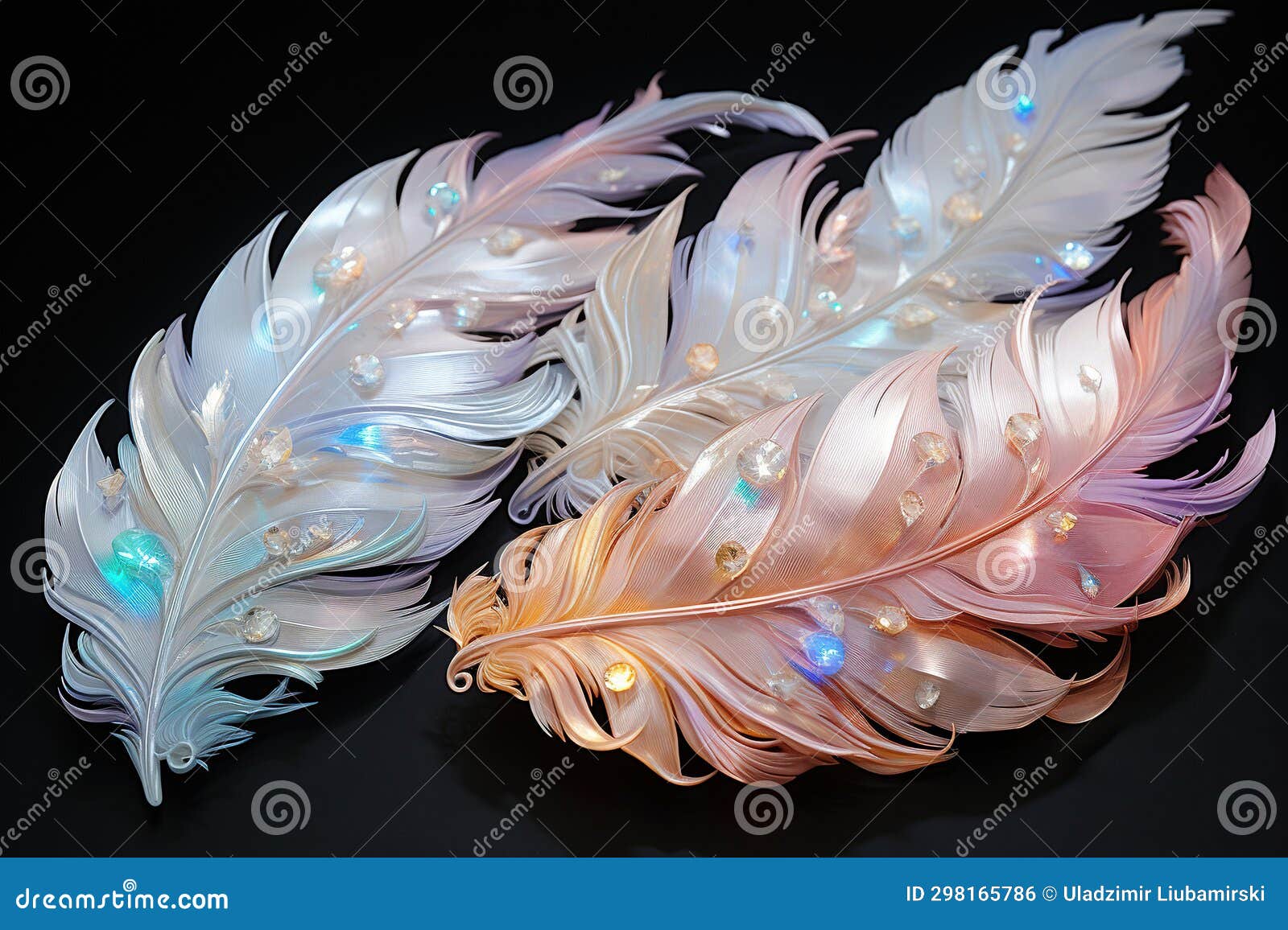 Mother-of-pearl Feathers Decorated with Precious Stones on a Black Background. Generated by