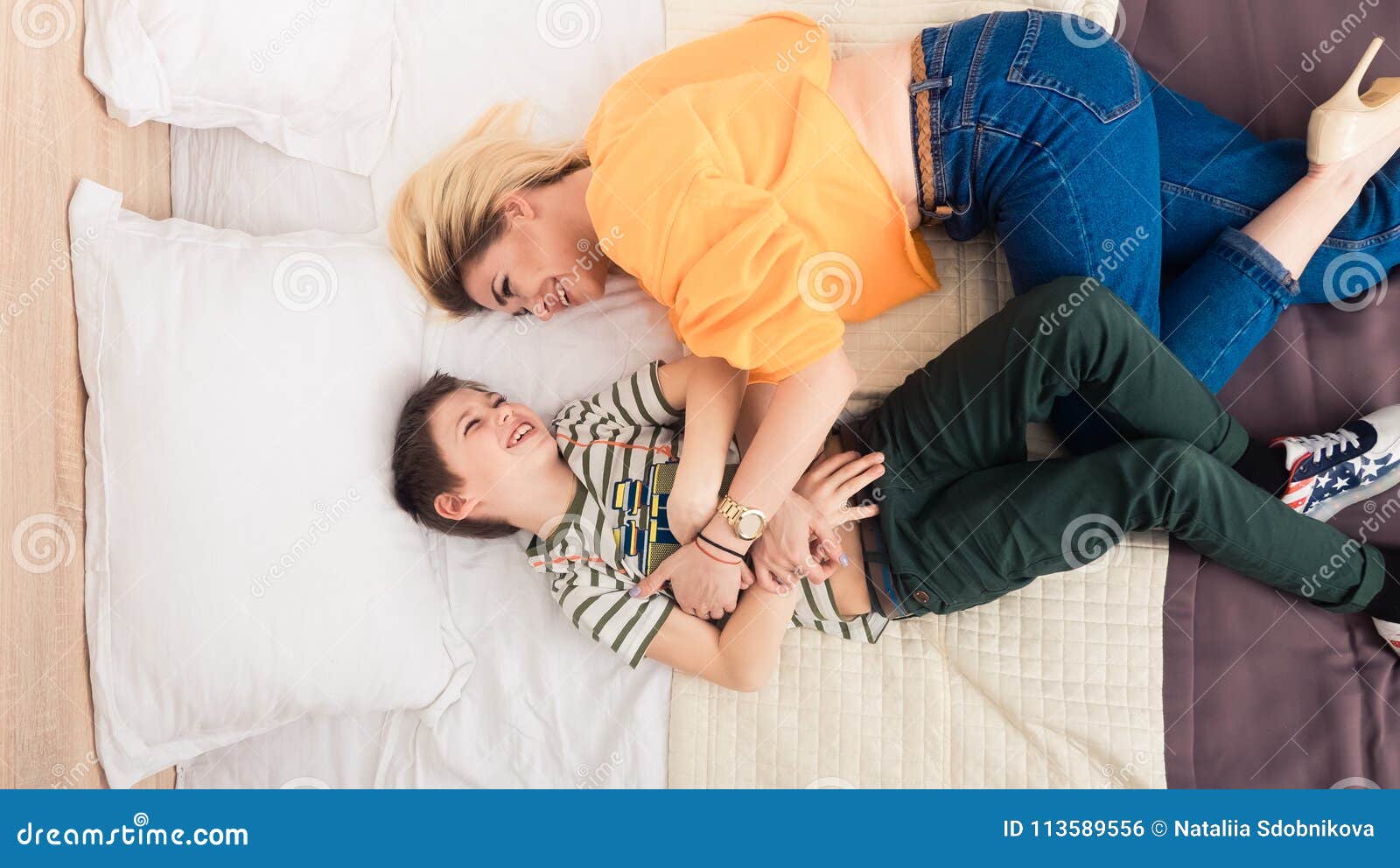 Mother With Son On Bed Mother And Son Having Fun Stock Photo Image