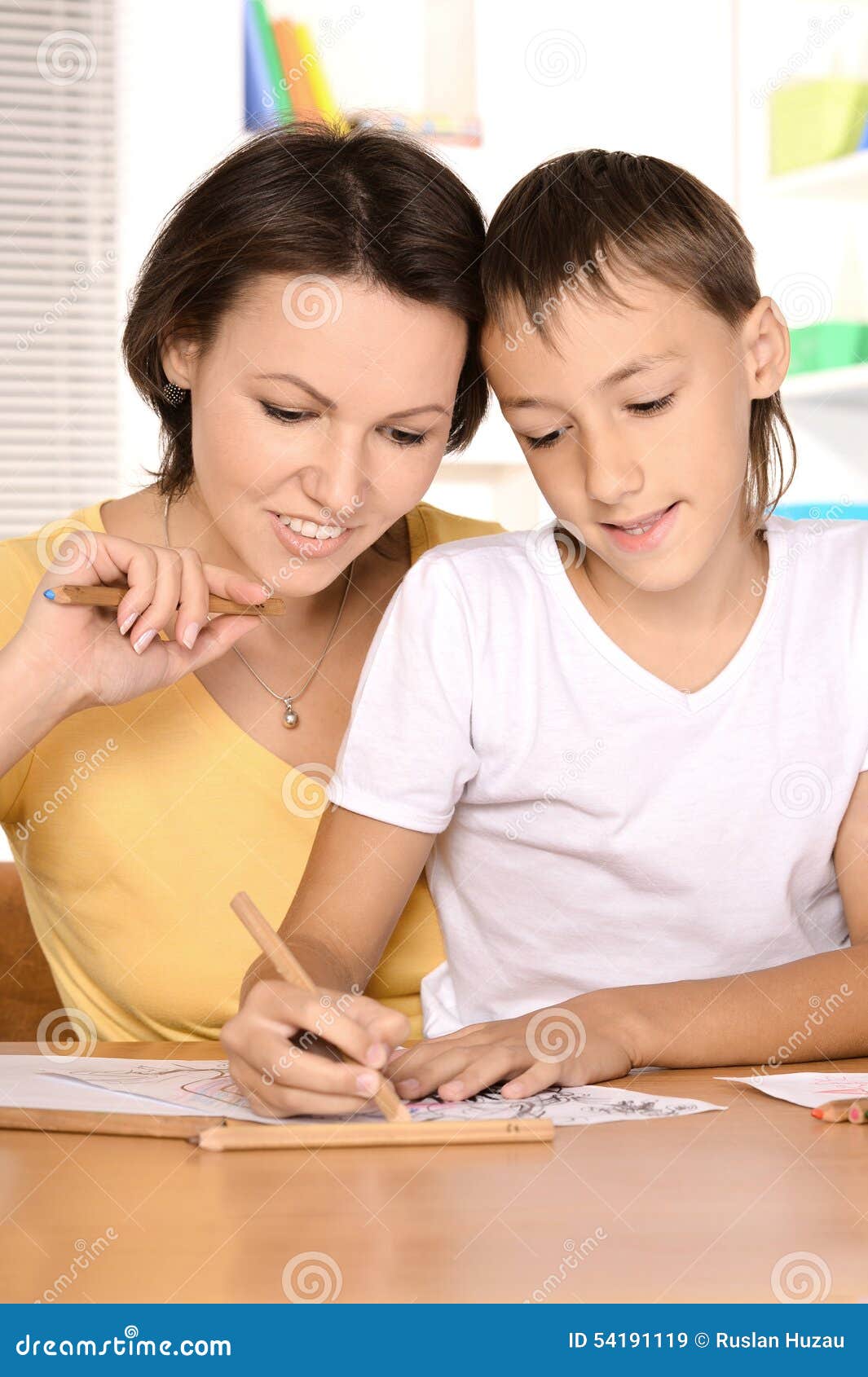 Mother and Son Drawing Together Stock Image - Image of female, young