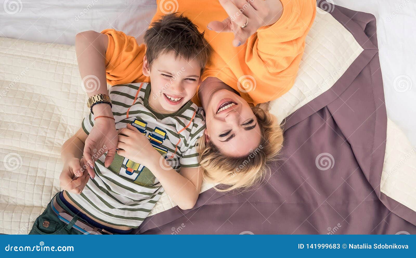 Mother With Son On Bed Mother And Son Having Fun Stock Image Image