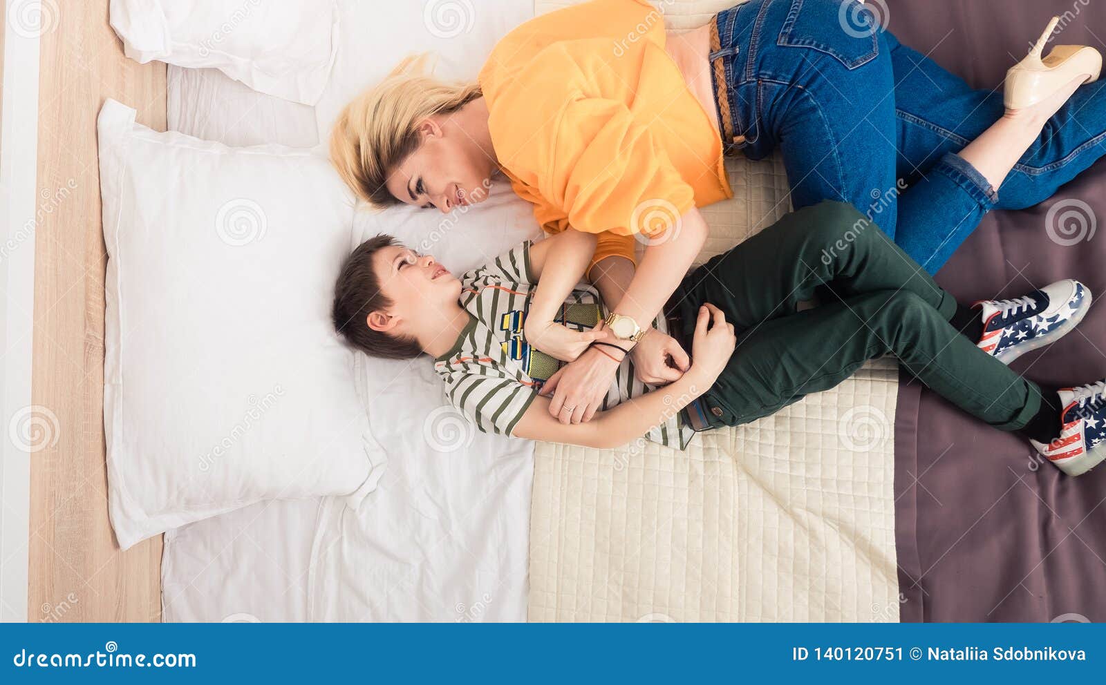 Mother With Son On Bed Mother And Son Having Fun Stock Image Image