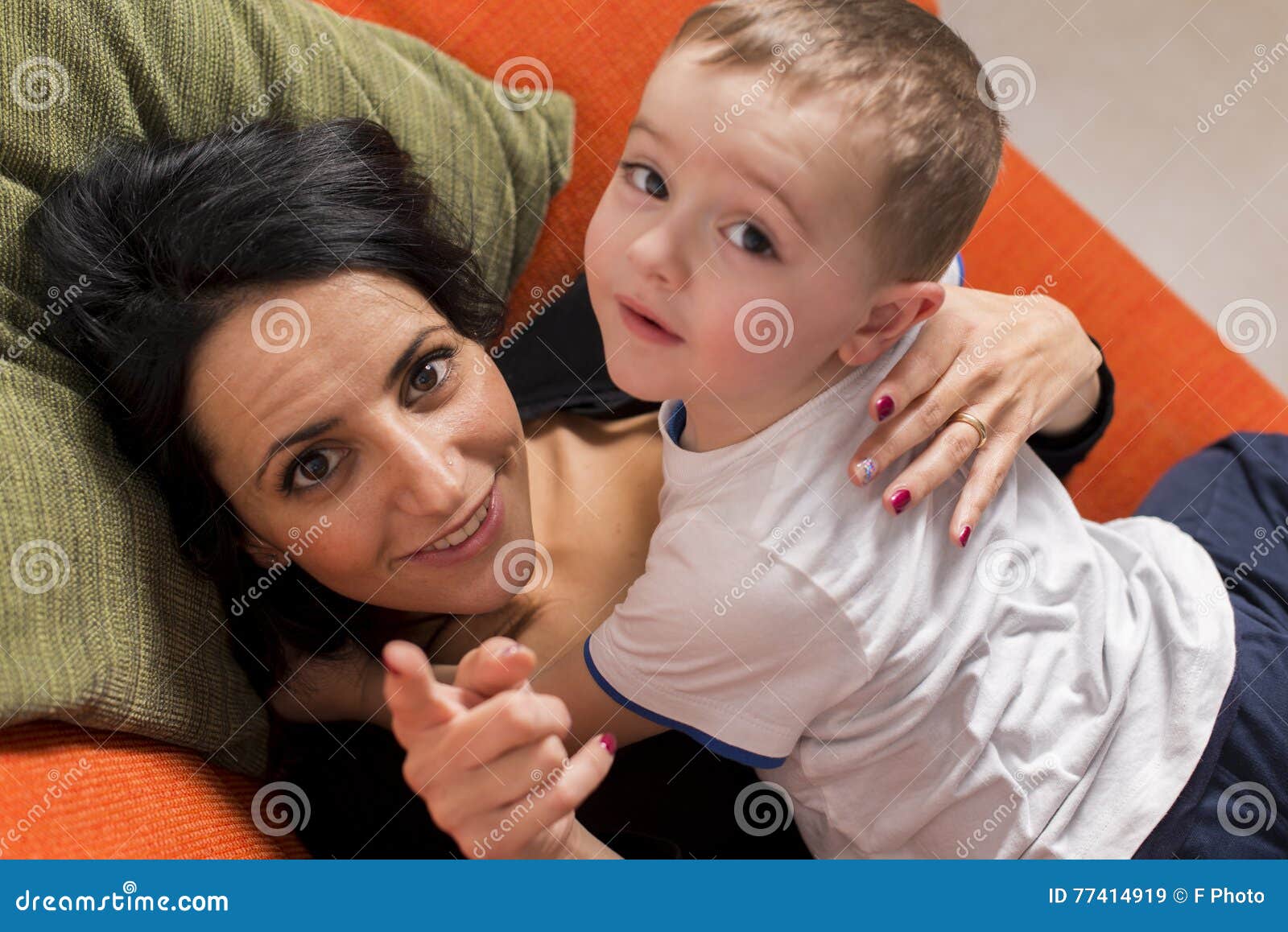 Mother Son Lying On The Couch Stock Image Image Of Vintage Animated