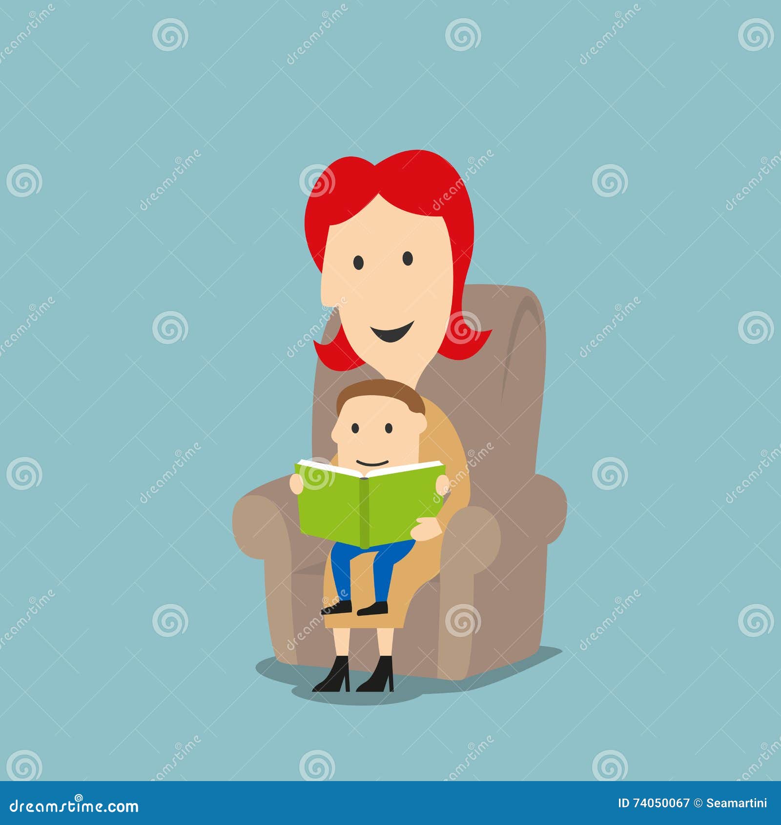 Mother And Son Reading Book In Armchair Stock Vec