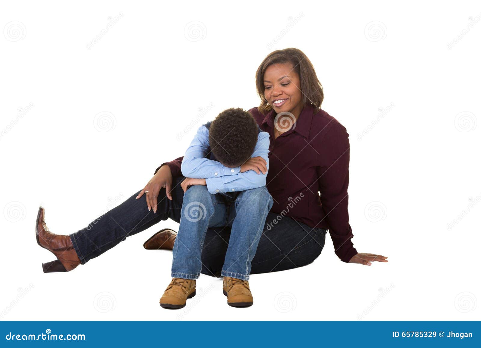 A mother and son together isolated on white