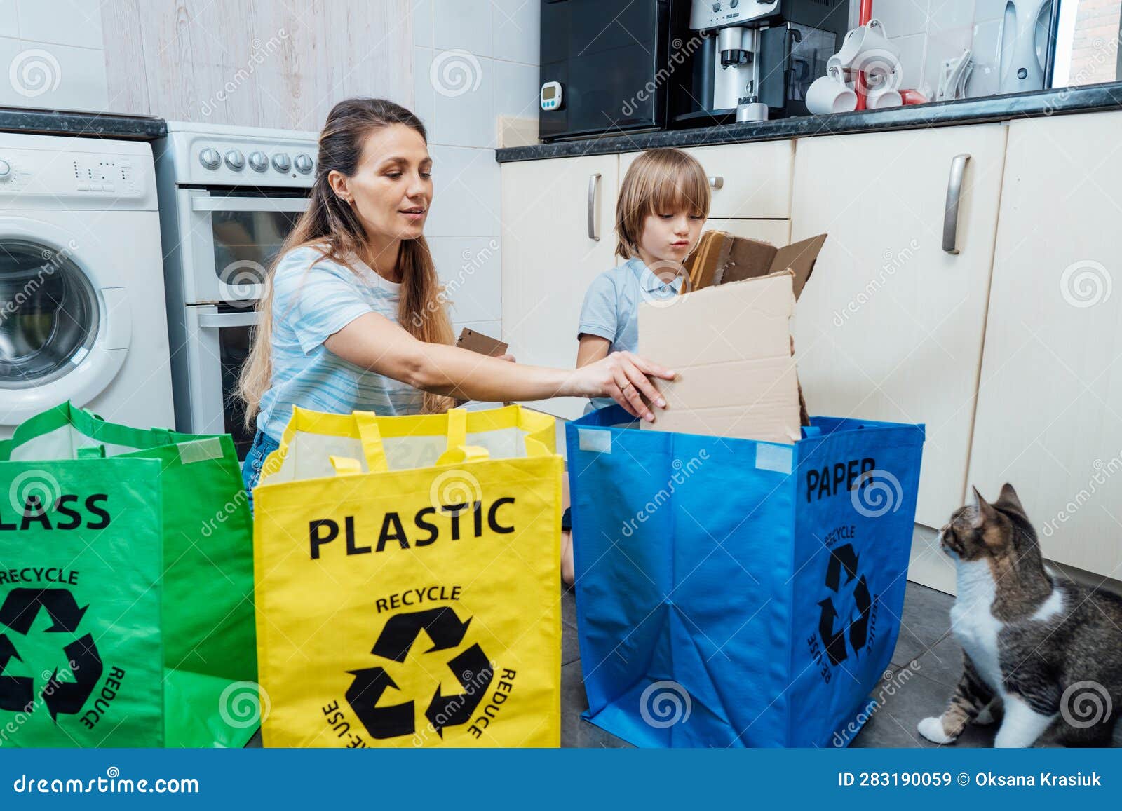 Mother is Teaching Kid How To Recycle Help the Boy Aware Environmental
