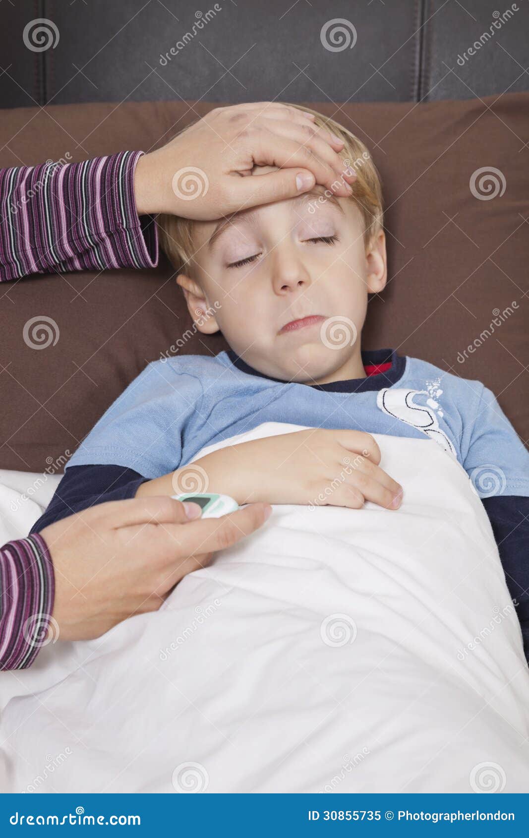 Mother with Thermometer Checking Little Boy S Temperature Stock Image