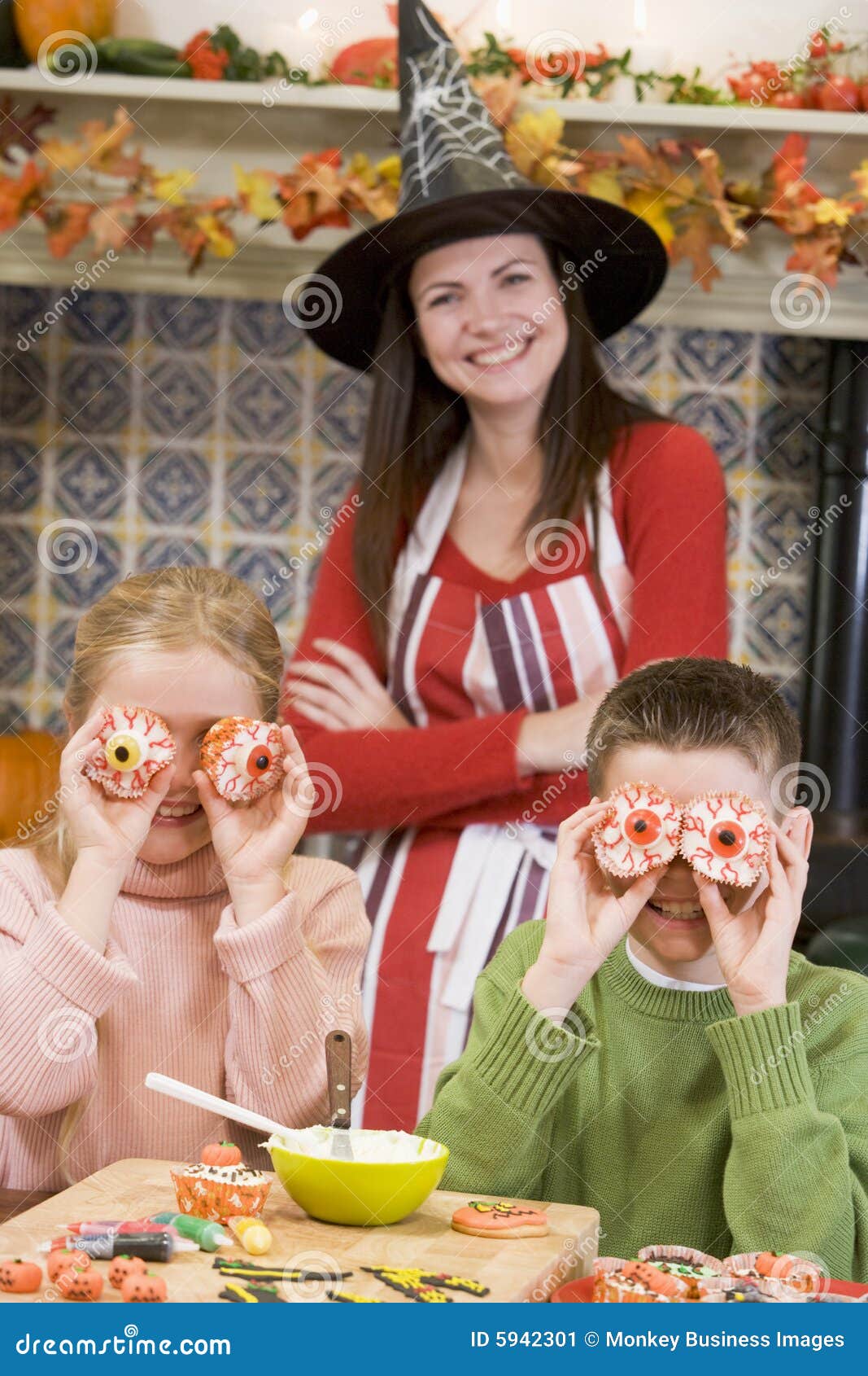 Mother and Two Children at Halloween Playing Stock Image Image of